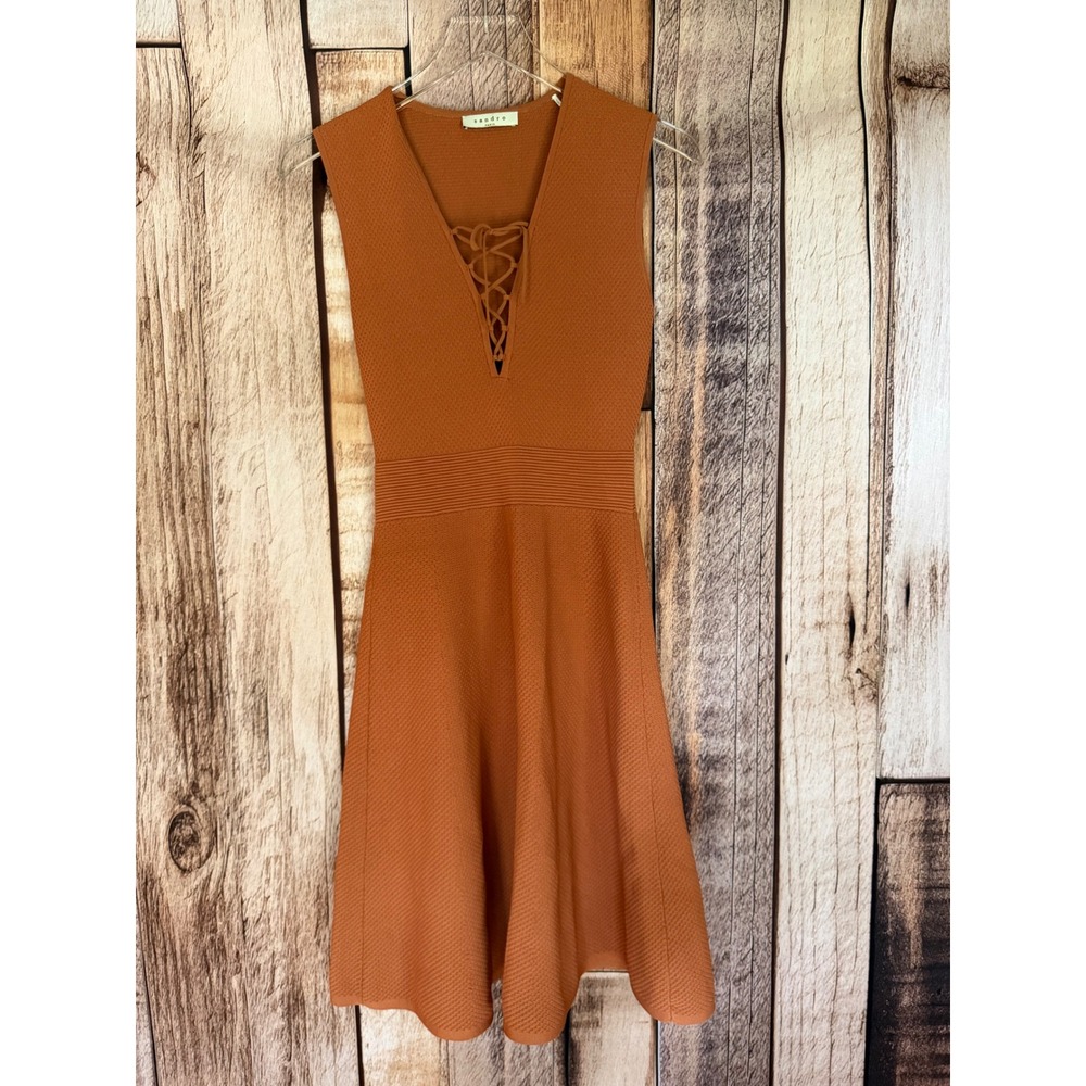Sandro Paris Rikka Lace Up Knit Mini Dress Rust Orange Fall Preppy Size 1 Small